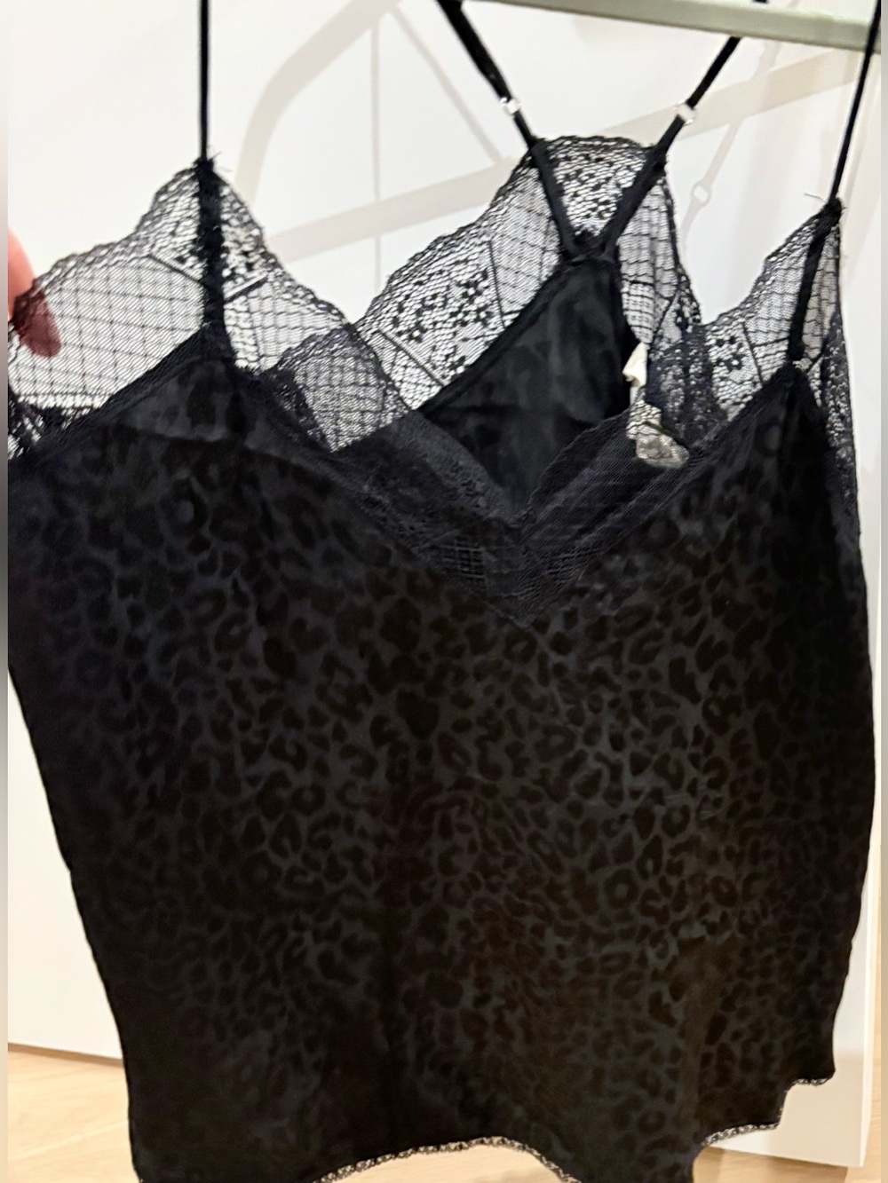 Love Stitch Lace Trim Leopard Satin Cami Slip in Black size Large